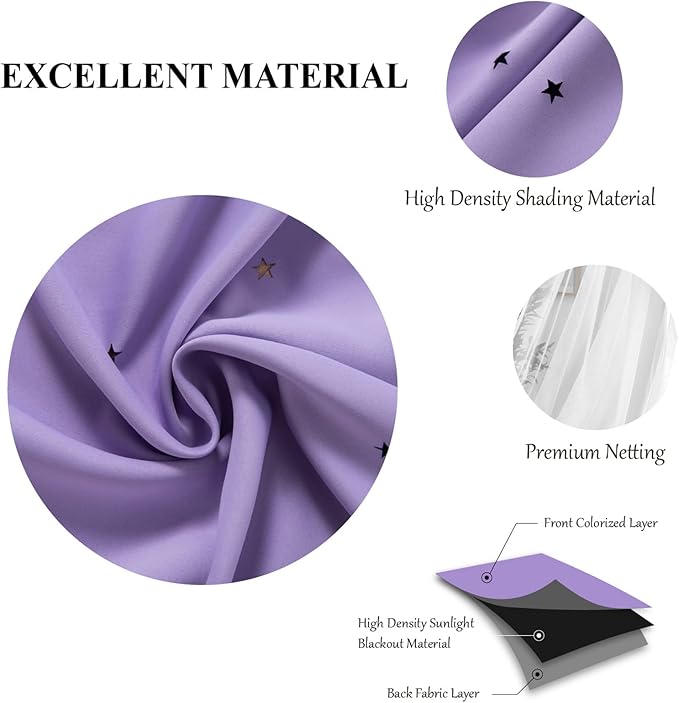 Star Double Layer Blackout Curtains for Bedroom, Kids - Cute, 96 Inch Long, 2 Panels Set, Purple, 42 x 96 Inch