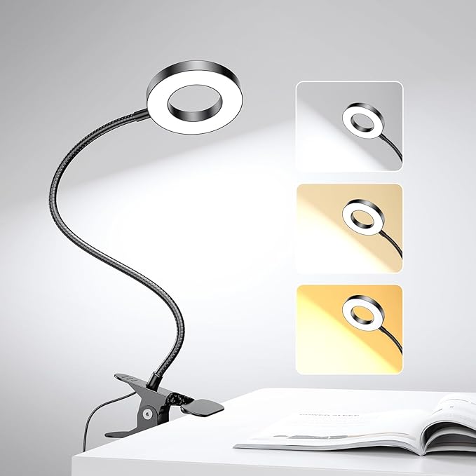 GARMESE LED Desk Lamp Clip on Light with 3 Color Modes 10 Brightness Ring/Clamp Light 360° Adjustable Neck Dimmable Eye Protection Desk Lamps for Home Office