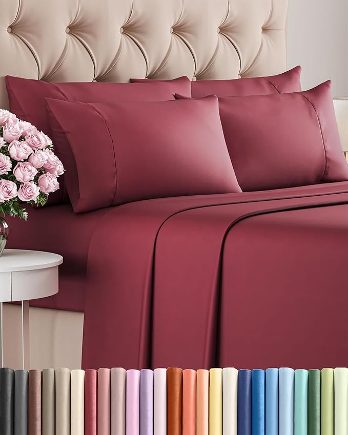King 6 Piece Sheet Set - Cooling, Comfy & Breathable - Hotel Luxury Bedding, Includes Fitted Sheet for Women, Men, Kids and Teens - 1 Flat, 1 Fitted Sheet, 4 Pillowcases with Deep Pockets - Burgundy