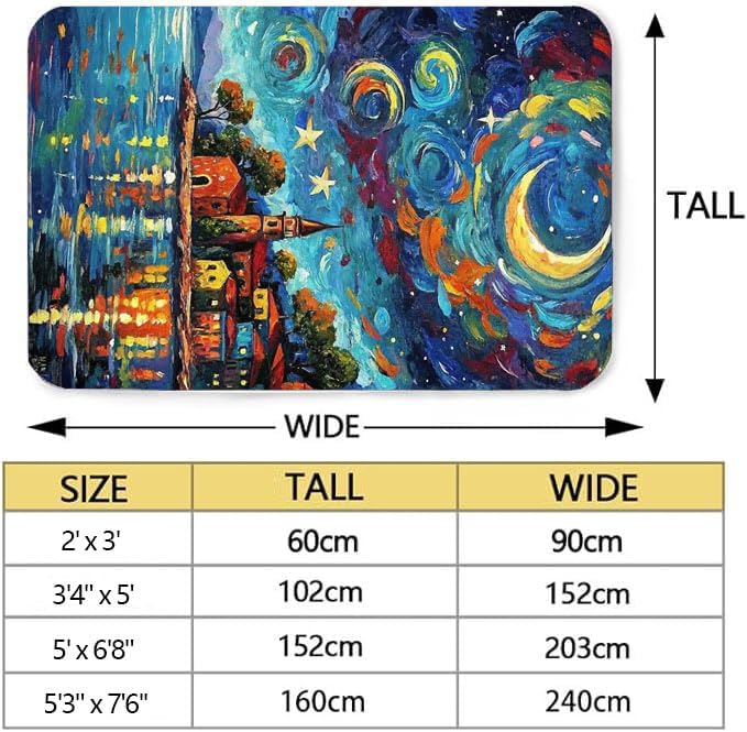 Machine Washable 5' x 7' Seaside Villages and Churches Area Rug, Bule Floor mat, Suitable for bedrooms, Girls' Room Bedside, Living Room, Dining Room, Office, Non-Slip Low-Pile Night Sky Carpet