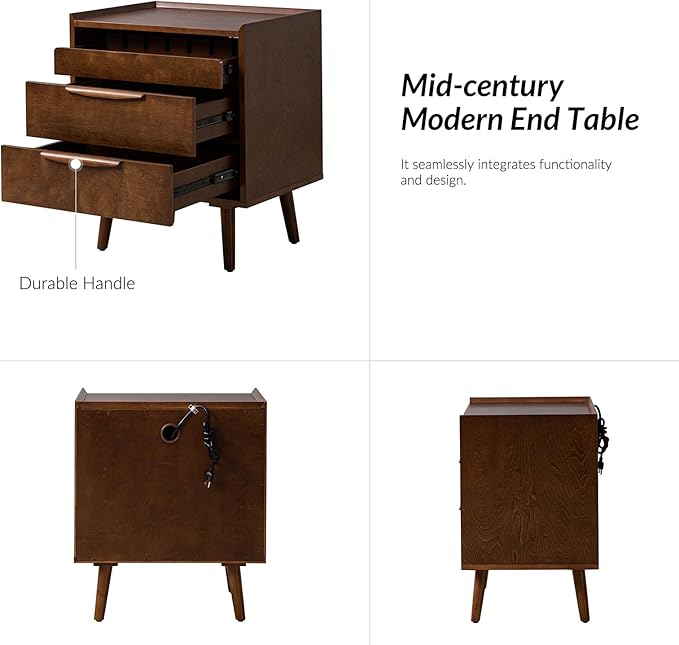 HULALA HOME 2 Drawer End Table with Pull-Out Shelf, Mid-Century Modern End Table with Wood Legs, Wood Side Table with Charging Station(Walnut, Set of 2)