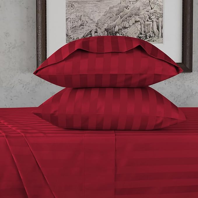 URBANHUT 800 Thread Count 100% Cotton Damask Twin Size Sheets, 4 Piece Striped Twin Size Bedsheets, Luxury Hotel Sheets Sateen Weave - Better Than Egyptian, 14" Elasticized Deep Pocket- Burgundy