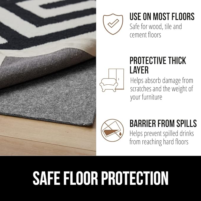 GORILLA GRIP Felt and Natural Rubber Stay in Place Slip Resistant Rug Pad, 1/8in Thick 2x10 FT Protective Padding for Under Area Rugs, Cushioned Gripper Pads, Carpet Runners Hardwood Floors Protection