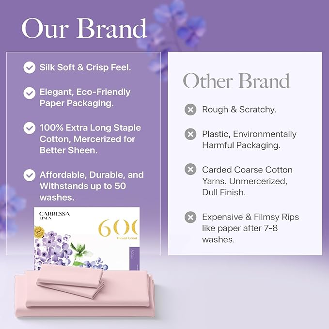 Carressa Linen California King Egyptian Cotton Sheet Sets - 600 Thread Count Cal King Cotton Sheet Set (4 PC, Soft Blush), Extra Soft, Cooling, 16" Deep Pocket Sateen Weave Luxury Hotel Bed Sheets Set