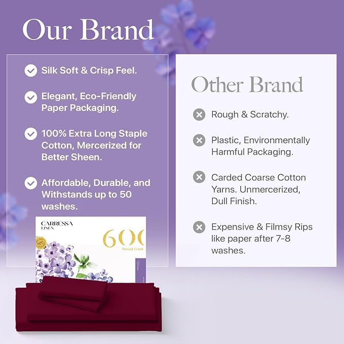 Carressa Linen 100% Egyptian Cotton Twin Sheets Set - 600 Thread Count Egyptian Cotton Luxury Twin Sheets (3 PC, Classic Burgundy), 16" Deep Pocket, Soft, Cooling, Sateen Weave Dorm Room Bedding