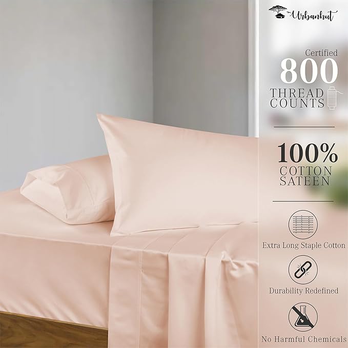 URBANHUT 800 Thread Count 100% Cotton California King Size Sheets, Luxury 4 Piece Cal King Bedsheets, Hotel Sheets Sateen Finish - Better Than Egyptian, 16" Elasticized Deep Pocket - Blush Pink