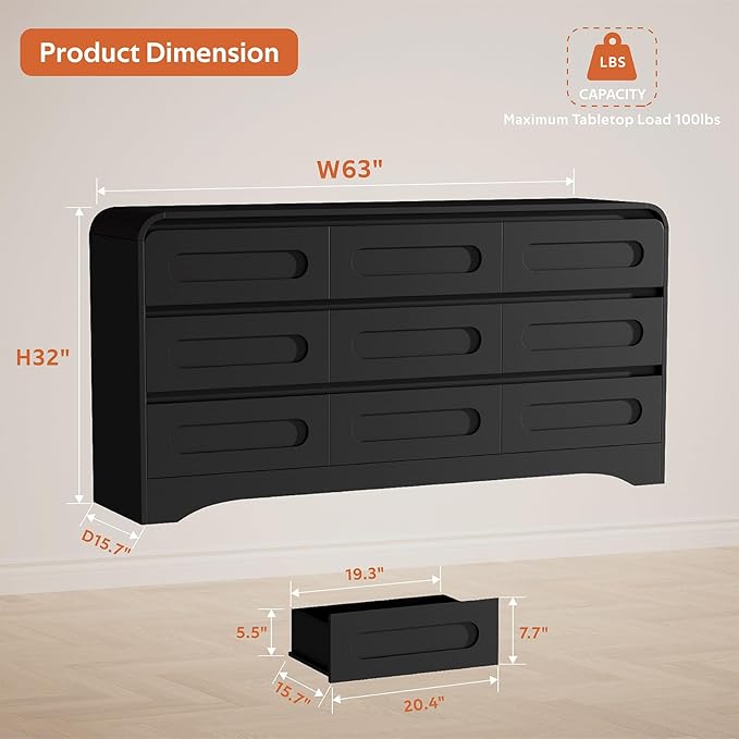 4 Piece Bedroom Set, Dresser and Nightstand Sets, Modern Wooden Large 9 Drawers Dresser and Tall 6 Drawer Dressers & Night Stand Set of 2 for Bedroom, Black