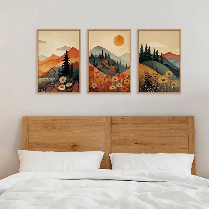 LHIUEM Large Boho Mountain Sunset Framed Canvas Wall Art Set, Pine Tree Flowers Wall Decor, Nature Landscape Forest Artwork for Living Room,Bedroom,Dining Room,Office -24"x36"x3