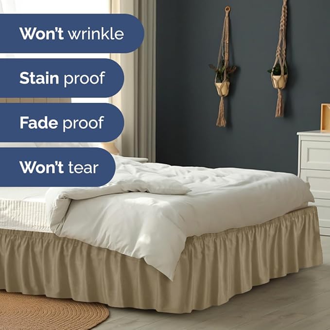 Wrap Around Dust Ruffle Bed Skirt - Khaki - Twin/Twin XL Size Beds w/ 12 Inch Drop - Easy Fit Elastic Strap - Adjustable Pleated Bedskirt w/Brushed Fabric - Wrinkle Free - Women, Men, Kids & Teens