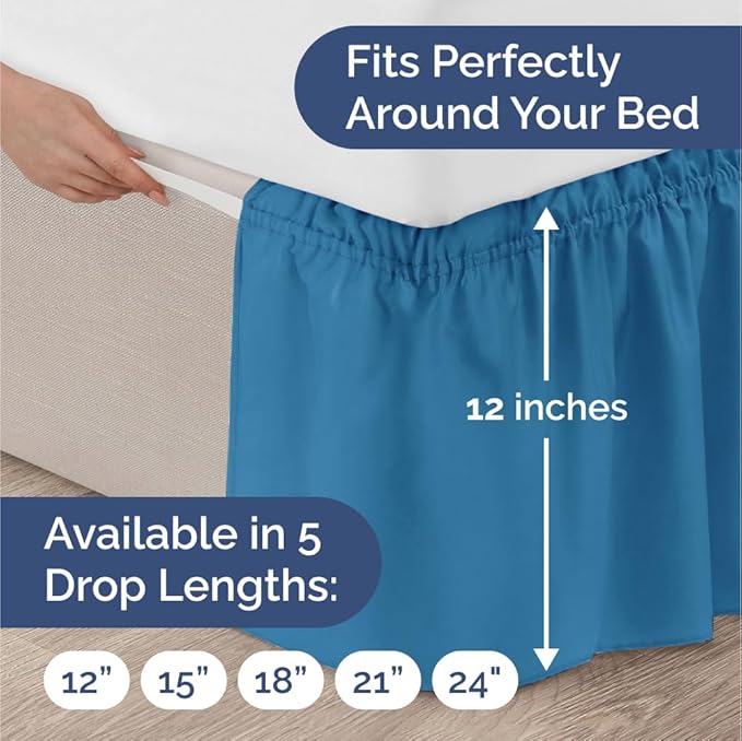 Wrap Around Dust Ruffle Bed Skirt - Denim Blue - for Full Size Beds with 12 Inch Drop - Elastic Strap - Adjustable Pleated Bedskirt with Brushed Fabric and Wrinkle Free - for Women, Men, Kids & Teens