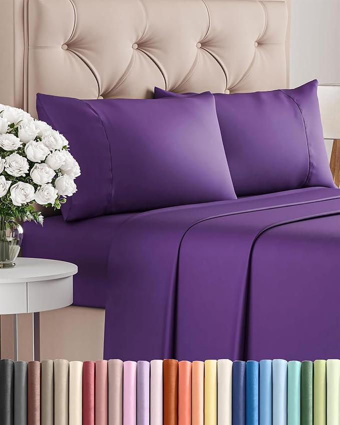 Twin XL 4 Piece Sheet Set - Cooling, Comfy & Breathable - Hotel Luxury Bedding, Includes Fitted Sheet for Women, Men, Kids & Teens - 1 Flat, 1 Fitted Sheet, 2 Pillowcases with Deep Pockets - Purple