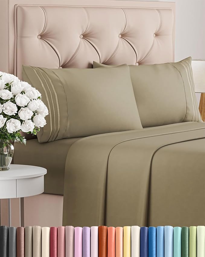 Queen Size 4 Piece Sheet Set - Comfy Breathable & Cooling Bed Sheets Set - Hotel Luxury Bedding for Women, Men, Kids, Teens, Boys & Girls - Deep Pockets, Ultra-Soft, Wrinkle Free - Oeko-Tex - Khaki