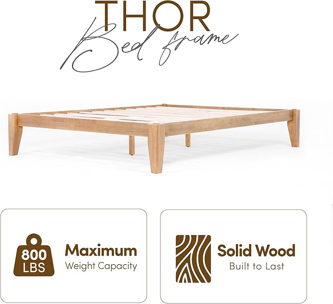 Thor Premium Solid Wood Bed Frame Queen, Platform Bed, Japanese Joinery Bed Frame, Wood Slat Support, No Box Spring Needed, Easy Assembly, Minimalist & Modern Style (Light Oak)