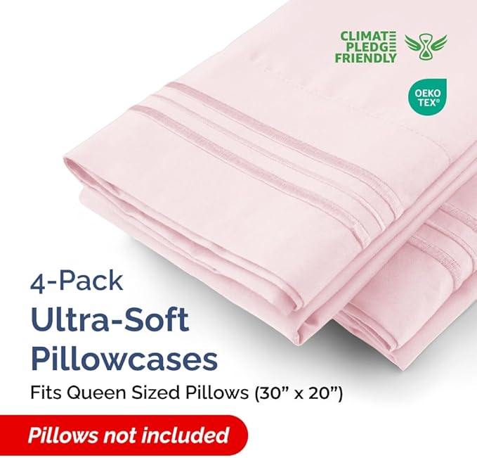 Queen Pillow Cases Set of 4 - Ultra Soft Hotel Quality Pillowcase Covers - Comfy, Cozy & Wrinkle Free - Shrinkage and Fade Resistant - Machine Washable Pillow Protectors - 4 Piece Set - Lavender Pink