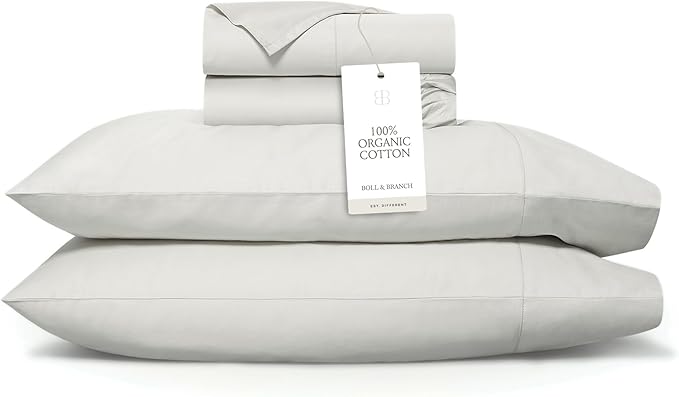 BOLL & BRANCH Signature Hemmed Sheet Set - King, Mist - Luxury 100% Organic Cotton - Includes 1 Flat, 1 Fitted, 2 Pillowcases - Buttery Soft