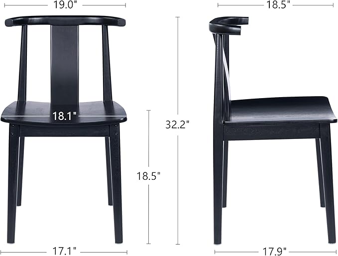 Wood Dining Room Chairs Set of 2, Mid Century Modern Kitchen Chairs Wishbone Chair with Curved Back Armless Accent Chair for Living Room Restaurant, Black