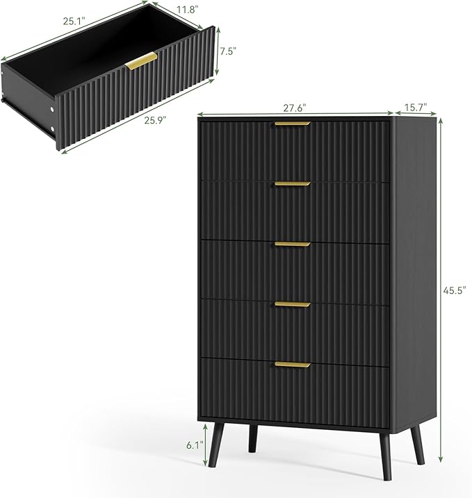 LYNSOM Fluted 5 Drawers Dresser, 45" Tall Modern Chest of Drawers with Curved Profile Design and Metal Handle, Wood Drawer Organizer for Bedroom, Living Room, Hallway, Entryway, Black