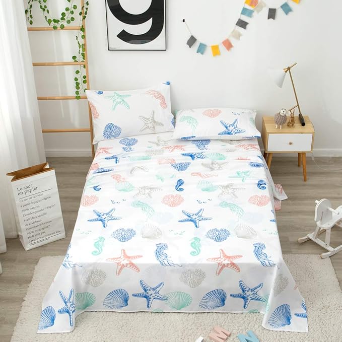 JSD Beach Theme Kids Sheet Set Twin, 3 Piece Starfish Jellyfish Coastal Summer Microfiber Bed Sheets Deep Pocket