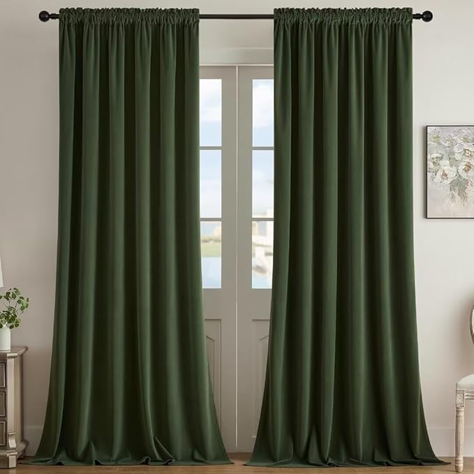 Joydeco Green Velvet Curtains 96 inch Length 2 Panels, Luxury Blackout Rod Pocket Thermal Insulated Window Curtains, Super Soft Room Darkening Drapes for Living Room Bedroom,W52 x L96 inches