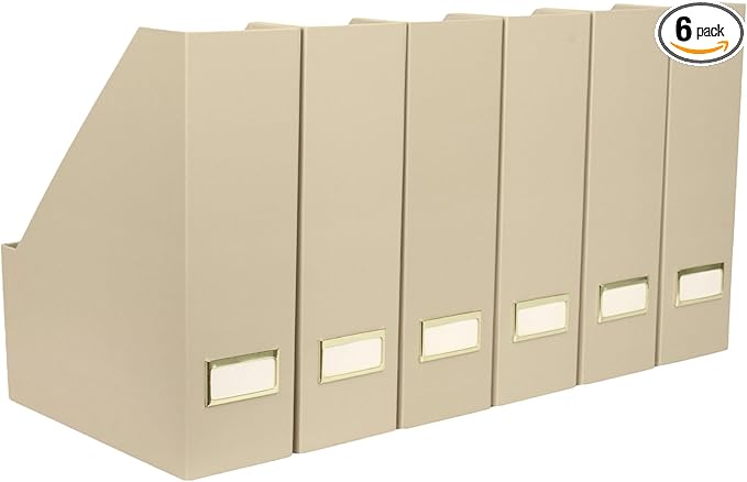 BLU MONACO | Set of 6 Foldable Taupe Magazine File Holders with Label Holders | Vertical File Organizer & File Storage Boxes for Desk, Shelves & Home Office