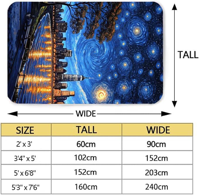 Machine Washable 3' x 5' Oil Painting-Style Area Rug, Bule Floor mat, Suitable for bedrooms, Girls' Room Bedside, Living Room, Dining Room, Office, Non-Slip Low-Pile Stars and Swirls Carpet