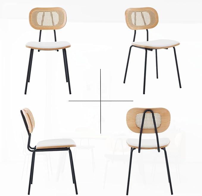 HEAH-YO Dining Chairs Set of 6, Upholstered Faux Leather Rattan Dining Chairs with Backrest and Metal Legs, Armless Kitchen Rattan Chairs for Dining Room, White