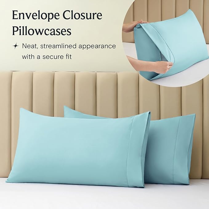 LuxClub 4 PC Queen Sheet Set, Deep Pockets Wrinkle Free Cooling Bed Sheets Hotel Bedding for Women, Men, Includes 1 Fitted Sheet, 1 Flat Sheet and 2 Pillowcases-Silky Soft Aqua
