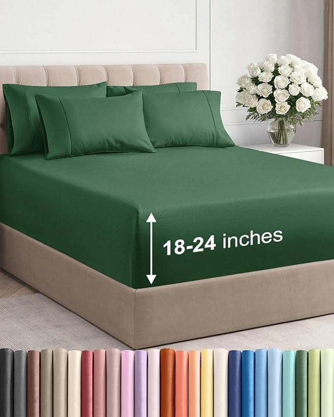 Extra Deep King Sheet Set - 6 Piece Breathable and Cooling Sheets - Hotel Luxury Bed Sheets Set - Easy Fit - Soft, Wrinkle Free and Comfy Sheets Set - Emerald Green Sheet Set with Extra Deep Pockets