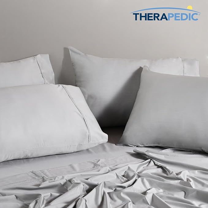 Therapedic 1000TC California King 6-Piece Sheet Set - 100% Organic Rayon Dervied from Bamboo Blend with Cooling Fiber,Ideal for Hot Sleepers - 16" Deep Pocket Fitted Sheet,Bonus Pillowcases-Light Grey