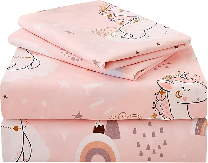 JSD Pink Unicorn Kids Sheet Set Full Size, 4 Piece Girls Rainbow Printed Microfiber Bed Sheets Deep Pocket