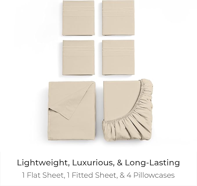 Mellanni California King Sheet Set - 6-Piece Iconic Collection Bedding, (Including 4 Pillowcases), 21-Inch Extra Deep Pocket, Easy Care, Ultra Soft, Cooling Sheets, Brushed Microfiber - Beige