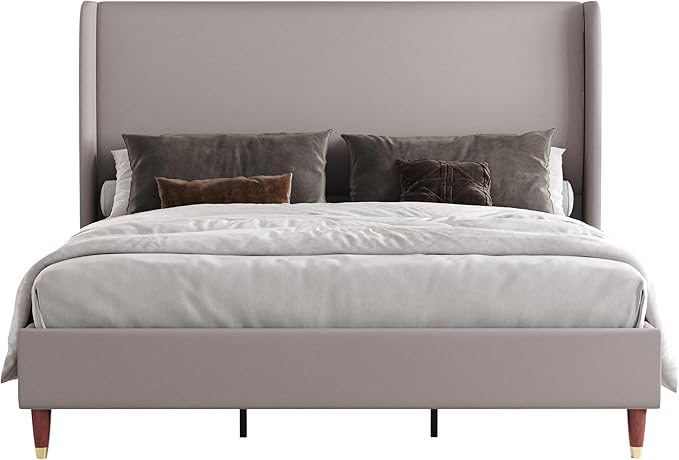 Jocisland Full Upholstered Platform Bed Frame with 51.2" Tall Wingback Headboard–Solid Wood Legs, No Box Spring Needed, Light Grey Linen–Modern Style for Any Bedroom