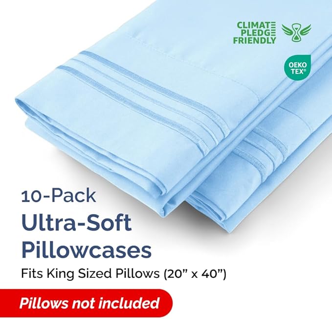 King Pillow Cases Set of 10 - Ultra Soft Hotel Quality Pillowcase Covers - Comfy. Cozy & Wrinkle Free - Shrink, Stain and Fade Resistant - Machine Washable Pillow Protectors - 10 Pcs Set - Light Blue