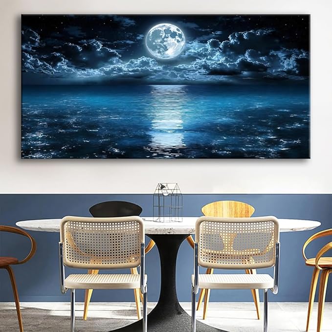 Big Moon Canvas Wall Art - Modern Seascape Paintings for Living Room, Bedroom Wall Decor, Framed Wall Art for Home or Office Decoration, Large Wall Art 20"x40"(50CMx100CM)