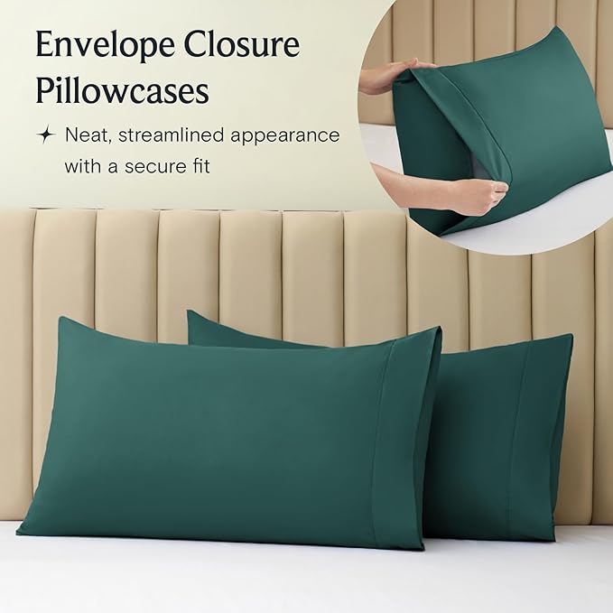 LuxClub 4 PC California King Sheet Set, Deep Pockets Wrinkle Free Cooling Bed Sheets Hotel Bedding for Women, Men, Includes 1 Fitted Sheet, 1 Flat Sheet and 2 Pillowcases-Soft Emerald