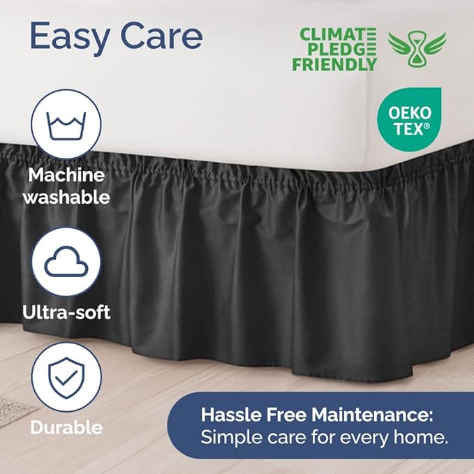 Wrap Around Dust Ruffle Bed Skirt - Black - for King Size Beds with 12 Inch Drop - Easy Fit Elastic Strap - Adjustable Pleated Bedskirt w/Brushed Fabric - Wrinkle Free - for Women, Men, Kids & Teens