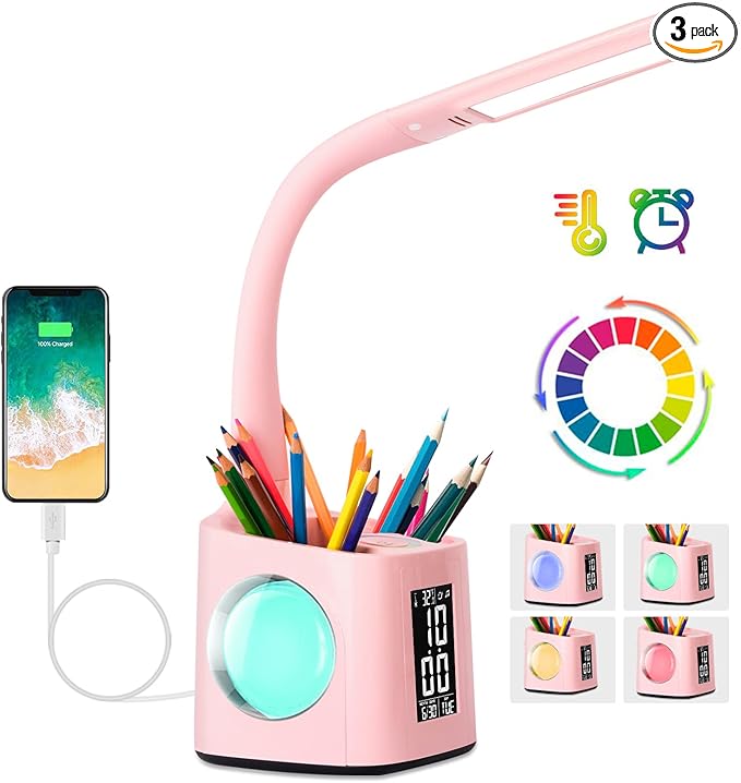 wanjiaone LED Desk Lamp with Clock,Color Changing Nightlight,Study Lamp with Pen Holder,Desk Light with USB Charger,Table Light for Home,Office,Bedroom,Gift for Kids,Students,Women,Pink
