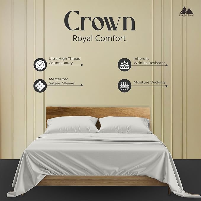 Mayfair Linen 100% Egyptian Cotton Queen Sheets Set - 2000 Series Luxury Sheets Queen Size Bed Set, Soft & Cooling, Sateen Weave 17" Extra Deep Pocket Hotel Collection Sheet (4 Pc, Light Grey)