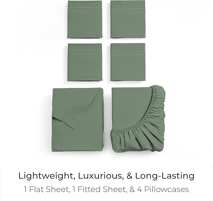 Mellanni California King Sheet Set - 6-Piece Iconic Collection Bedding, (Including 4 Pillowcases), 21-Inch Extra Deep Pocket, Easy Care, Ultra Soft, Cooling Sheets, Brushed Microfiber - Sage