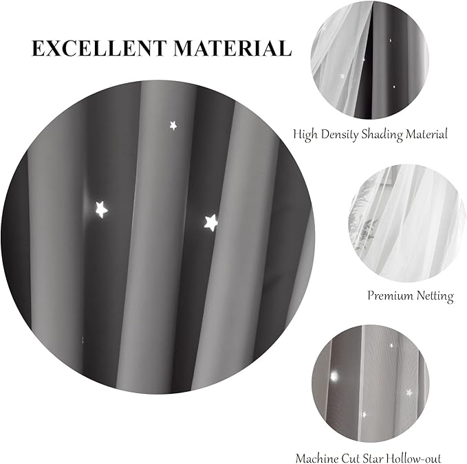 Star Curtains Blackout Curtains for Bedroom Kids Room Curtains Nursery Curtains Double Layer Curtains Kids Curtains for Boys, Blackout Curtains 108 Inches Long, Grey Curtains, 52 X 108 Inches