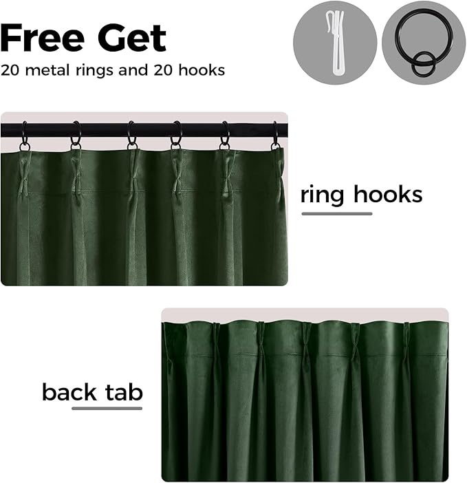 Pinch Pleated 100% Blackout Curtains for Bedroom, Olive Green Velvet Curtains for Living Room, Black Out Curtain 86 inch Long Room Darkening, Blackout Pinch Pleat Drapes with Hooks 2 Panels