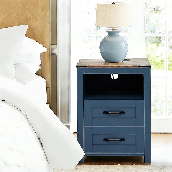 Puntogen Blue Night Stand, Rustic End Table with Charging Station, Farmhouse Tall Nightstand for Bedroom, Drawer Dresser Bedside Table with Open Storage Shelf