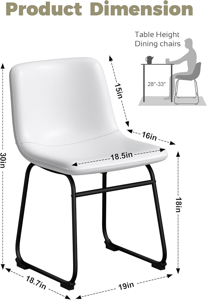 Dining Chairs Set of 6, 18 Inch Modern Armless Dining Chair with Back, Faux Leather Kitchen Dining Room Chair with Metal Legs for Home, Bistro Coffee Shops (White)