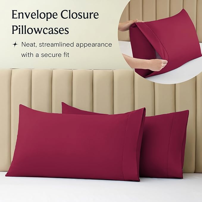 LuxClub 4 PC Queen Sheet Set, Deep Pockets Wrinkle Free Cooling Bed Sheets Hotel Bedding for Women, Men, Includes 1 Fitted Sheet, 1 Flat Sheet and 2 Pillowcases-Burgundy