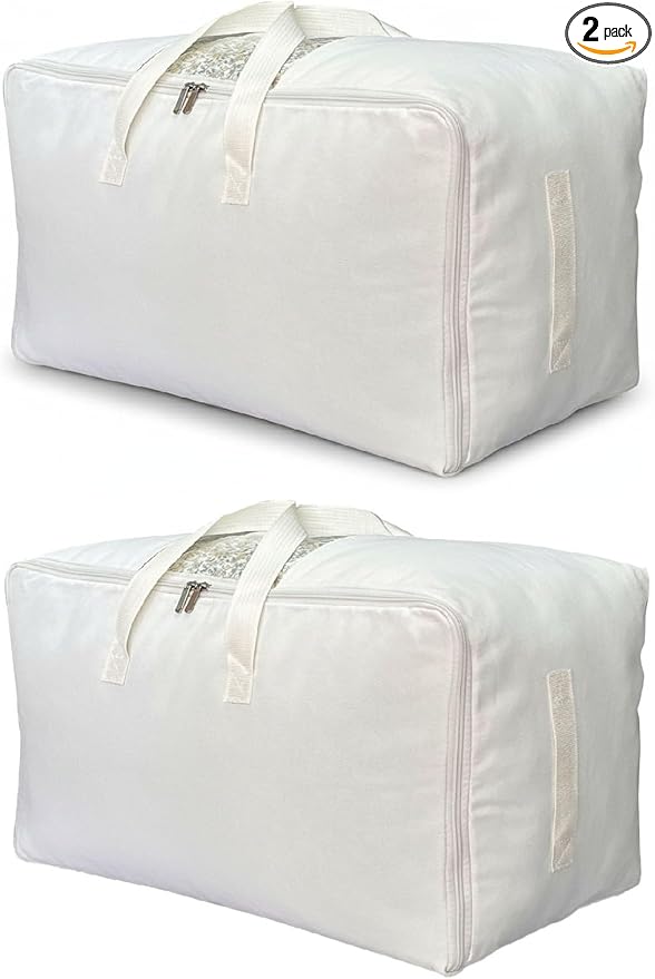 Soft Canvas Clothes Storage Bags with Four Carrying Handles and Clear Window, Closet Organizer for Clothing, Blankets Sheets Pillows and Bedding, 55L, 2 Pack, White