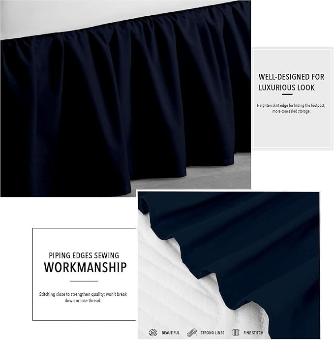 Navy Blue Solid Ruffled Bed Skirt Full-14 Inch Drop Split Corner, Microfiber Bedskirt with Platform Three Sided Coverage