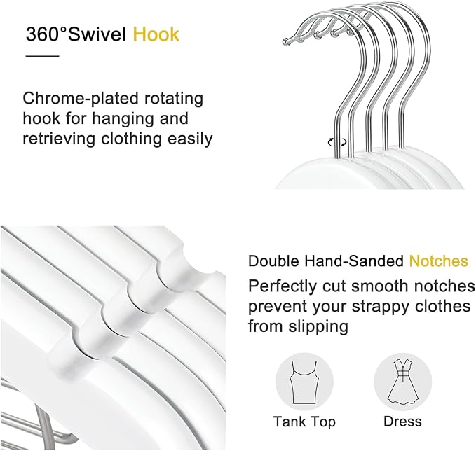 TOPIA HANGER Wooden Suit Hangers with Adjustable Metal Clips (10 Pack), Solid Smooth Wood Clothes Hangers, 360° Swivel Hook, Premium Pants Hangers for Clothes Coat, Jeans, Blouse-White,CT28W