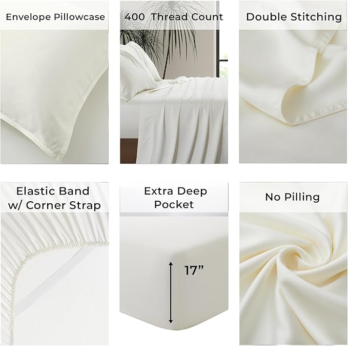 Luxury Bamboo Market | King Size Bed Sheet Set | 100% Viscose Made from Bamboo | Organically Grown | Ultra Soft | Cooling Sheets for Hot Sleepers | 17" Deep Pocket [Opulent Ivory]
