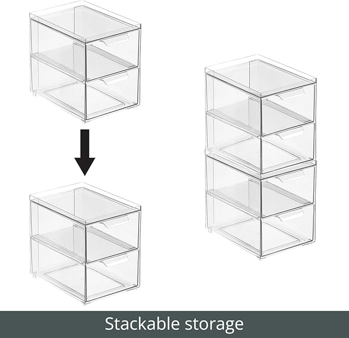 mDesign Stackable Storage Containers Box with 2 Pull-Out Drawers - Stacking Plastic Drawer Bins for Master or Guest Bathroom, Linen Closet, Vanity, Makeup Table Lumiere Collection 4 Pack, Clear