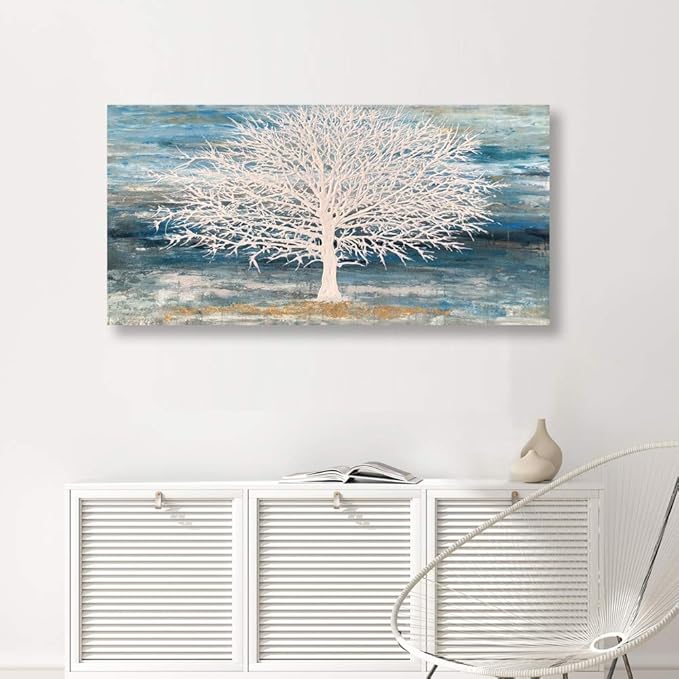 White Tree Canvas Wall Art Large Teal Blue Decor Textured Painting Print with Gold Foil Framed Artwork for Living Room Bedroom(24W*48L